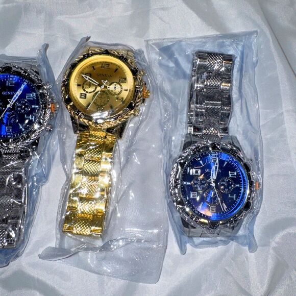 6 Geneva Luxury Watches, Mens Chronograph Gold Silver Blue White Gift New main image 6